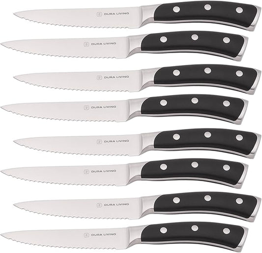 DURA LIVING 8-Piece Serrated Kitchen Steak Knife Set – Forged High Carbon Stainless Steel, Ultra Sharp, Ergonomic Black Handles, Durable Dinner Knives, Black Handle