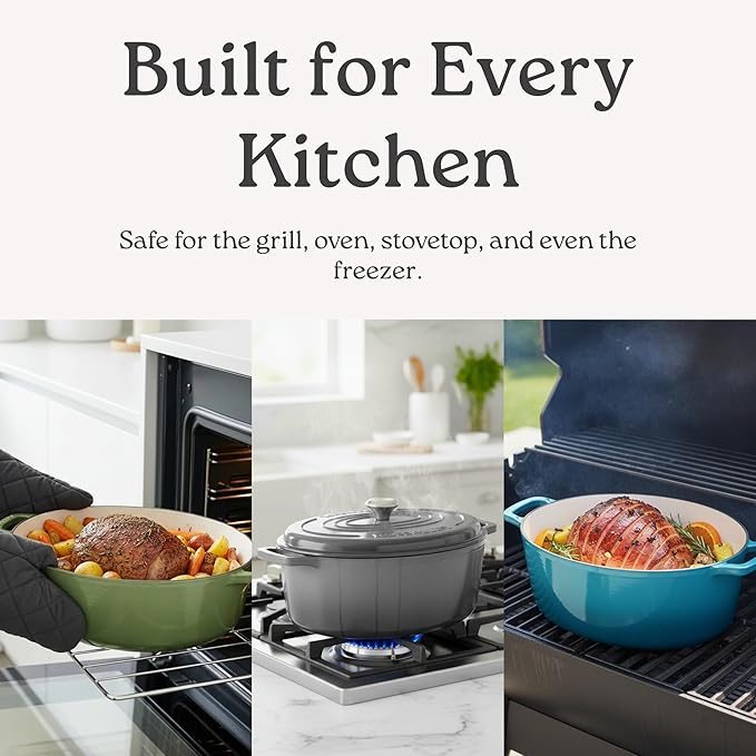 Signature Enameled Cast Iron Oval Dutch Oven | Non-Stick Serving Pot with Tight Fitting Lid for Perfect Roasting, Baking, Sauteing, and Bread Making | 8Q [Oyster Grey]