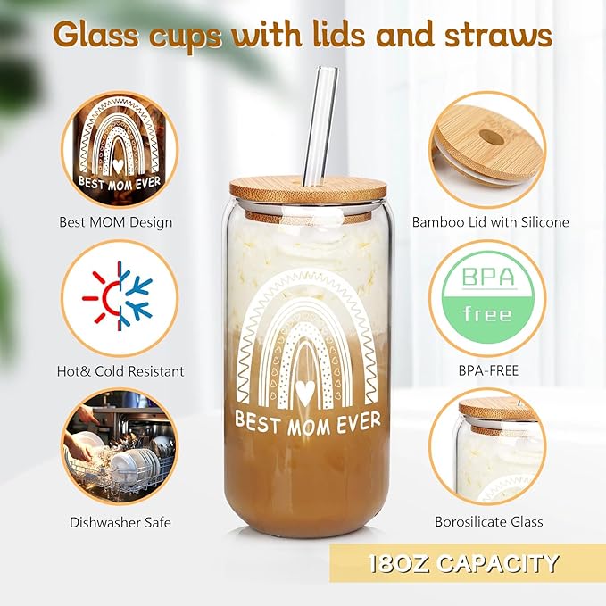 Mason Life Gift for Mom, Birthday Gifts for Mom, Mum Gifts for Women, Cute Glass Cups with Lids and Straw, Birthday Anniversary Present for Mommy from Daughter Son