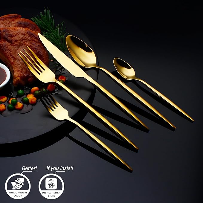 20 Piece Luxury Silverware Set for 4 Gold Mirror-Polished 18/10 Stainless Steel Heavy Flatware Set Modern Cutlery Set Knife/Fork/Spoon with Gifts for Home & Restaurant