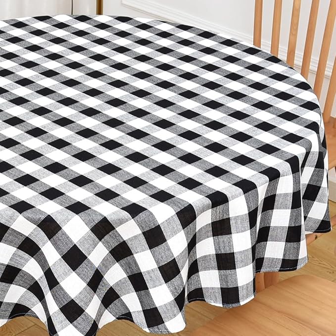 Gingham Round Tablecloth Table Cloth Heavy Duty Cotton Checkered Table Cloth Round Cover for Dining Room (R-Black, 53 inch Diameter)