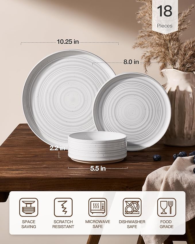 Plates and Bowls Sets for 6, Famiware Premium 18-Piece Stoneware Dinnerware Set, Spiral Dish Set with Straight Rim, Speckles & Reactive Glaze - Microwave & Dishwasher Safe Tableware, White