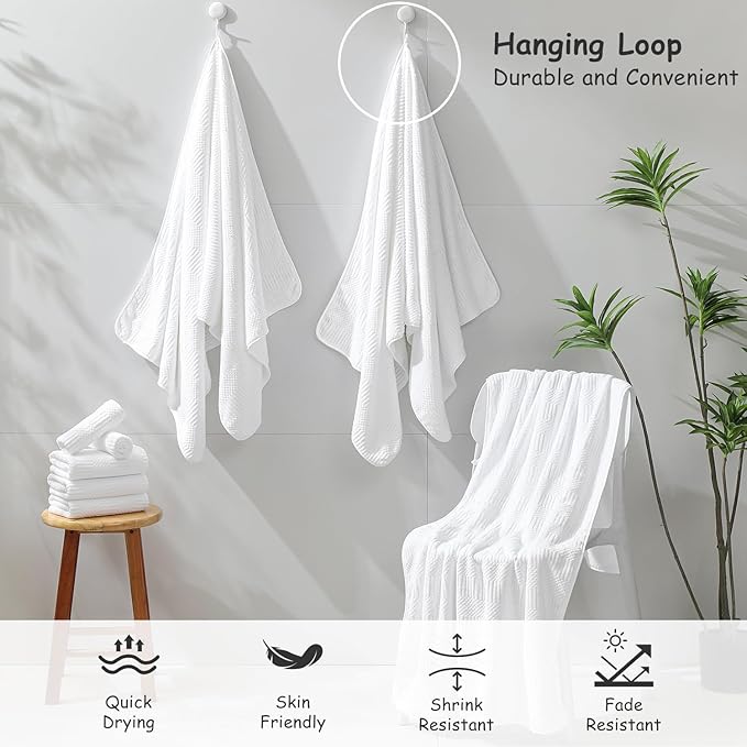 18 Pcs White Woven Family Towels Set-6 Bath Sheets,6 Hand Towels,6 Washcloths Soft Polyester Towels Absorbent Shower Towel Quick Dry Beach Chair Towel Lint Less Towels Set for Bathroom Spa Gym Hotel