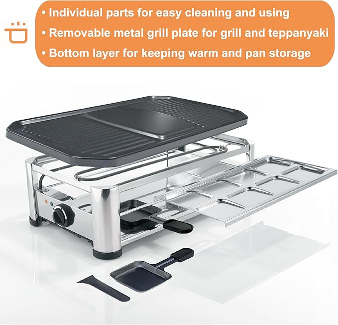 TAMARIT Raclette Cheese Table Grill Portable Electric Indoor Korean BBQ Griddle 1400 W Raclette Party Grill with Iron Nonstick Extra Large Cooking Plate for Home Party, Stainless Steel