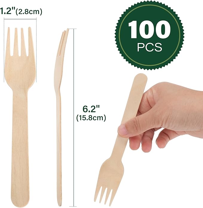 LotFancy Forks Disposable, 100 Pcs Wooden Forks, 6.2inch, Compostable Biodegradable, Great for Camping Picnics Dinner, Party Supplies
