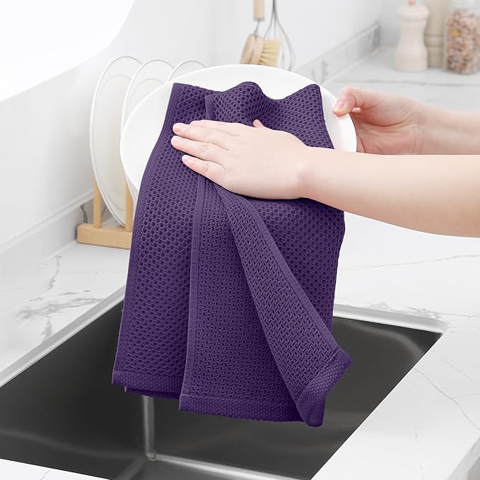 Homaxy 100% Cotton Waffle Weave Kitchen Dish Towels, Ultra Soft Absorbent Quick Drying Cleaning Towel, 13 x 28 Inches, 8-Pack, Eggplant