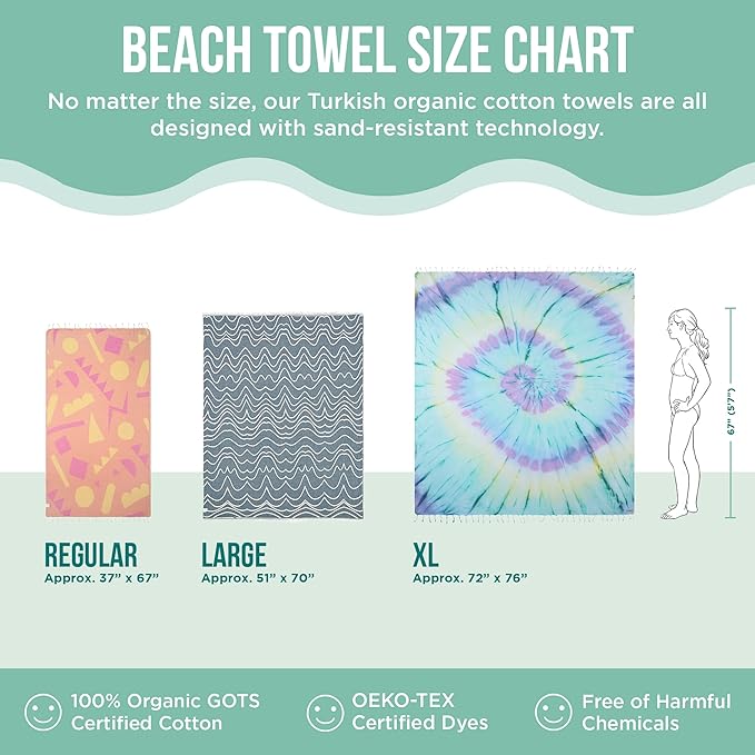 Sand Cloud Turkish Beach Towel - Sand Free - 100% Organic Turkish Cotton Yarn - Quick Dry Towel for Beach, Picnic Blanket or Throw - As Seen on Shark Tank - Tie Dye (Luna)