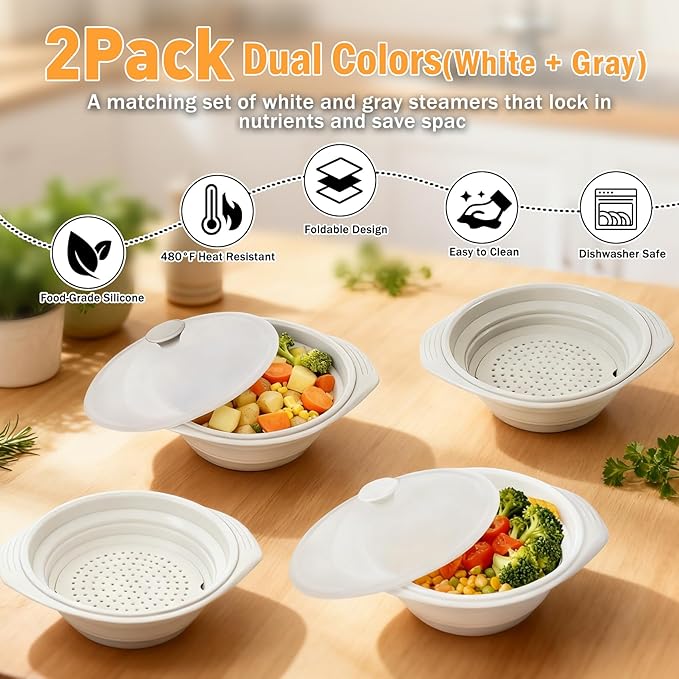 2 Pack White and Gray Silicone Steamer Microwave, 44oz Collapsible Vegetable Steamer Microwave with Magnetic Lid, Space-Saving Design, Dishwasher Safe Silicone Bowl for Cooking Veggies, Dumplings