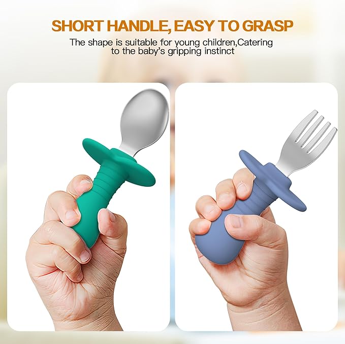 Toddler Spoons and Forks Set, 4Pcs Kids Silverware Set with Silicone Handle, 18/8 Stainless Steel Children Safe Forks and Spoons, Toddler Utensils BPA Free, Anti-Choke Design (Dark Blue, Green)