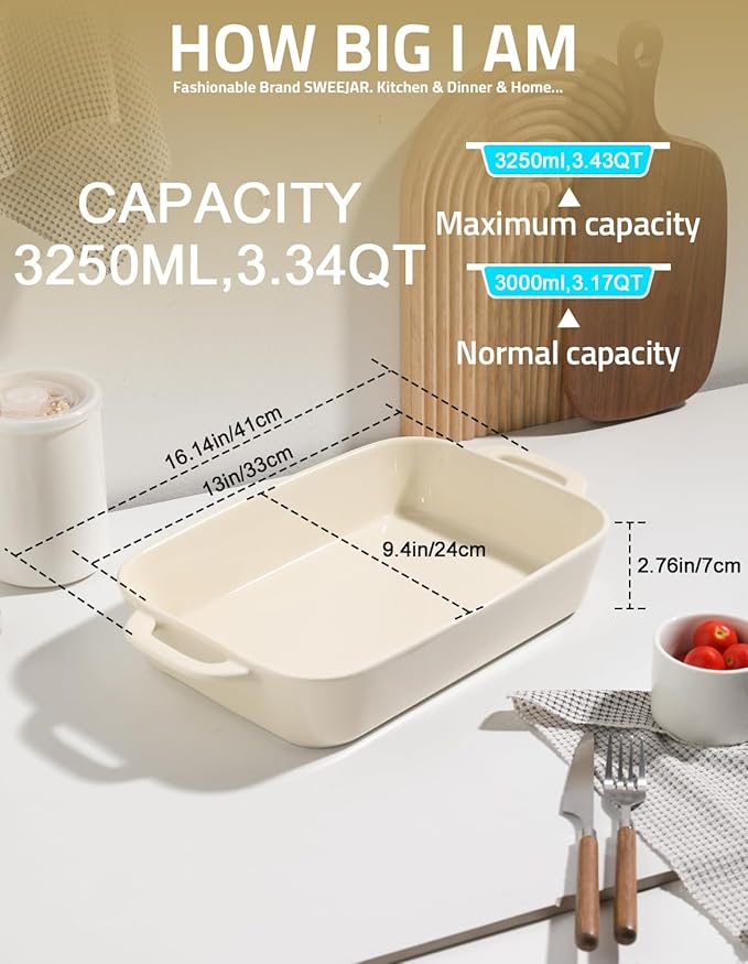 Sweejar Ceramic Bakeware Set, 9x13 Rectangular Baking Dish for Cooking, Kitchen, Cake Dinner, Banquet and Daily Use, Casserole Dishes for Oven Porcelain Baking Pans（Beige)
