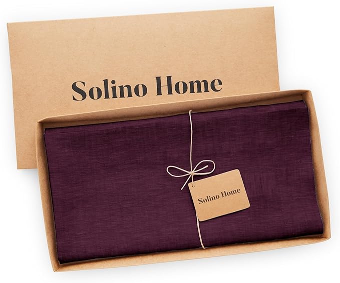 Solino Home Linen Tablecloth 52 x 52 Inch - 100% Pure Linen Square Table Throw - Athena, Machine Washable Chambray Burgundy Tablecloth for Christmas, Holiday, Winter, New Year