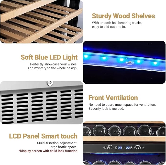 AAOBOSI 15 Inch 28 Bottles Wine Fridge,41-68°F Dual Zone Wine Cooler, Visualized Temperature Regulation, Designed For Large Wine Bottles, 5 Adjustable Shelves,Temperature Memory Function