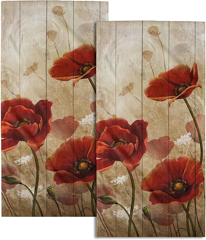 Imiss Red Poppy Flower Hand Towels Set of 2 - Rustic Brown Wooden Multi-Purpose Guest Kitchen Towel 14.4 x 28.3 Inch for Face Bathroom Gym Spa