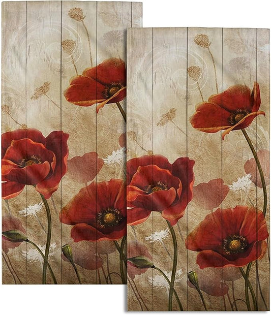Imiss Red Poppy Flower Hand Towels Set of 2 - Rustic Brown Wooden Multi-Purpose Guest Kitchen Towel 14.4 x 28.3 Inch for Face Bathroom Gym Spa