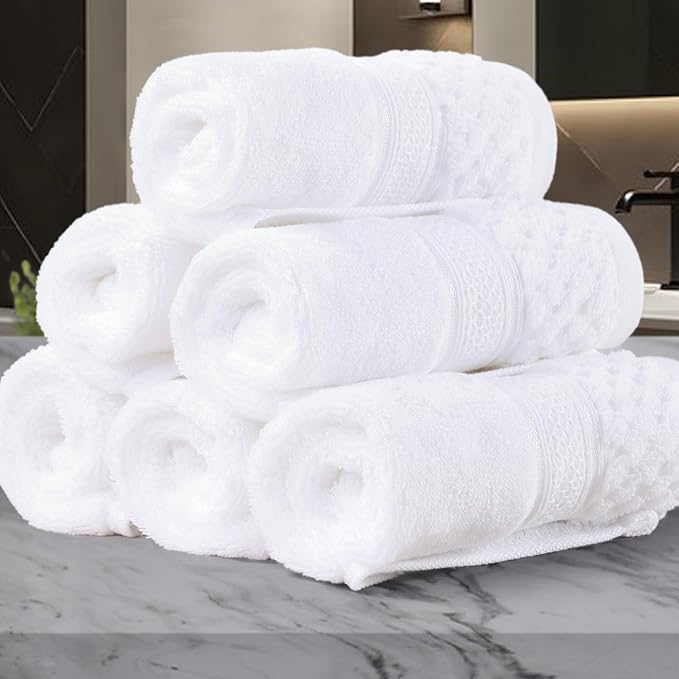 VOOVA & MOVAS Luxury Hotel-Grade Washcloths 6PC (12"X12",580GSM)- 100% Cotton, Ultra-Soft & Highly Absorbent, Long-Lasting Durability, Body and Face Wash Cloths, Face Towels for Bathroom,Solid White