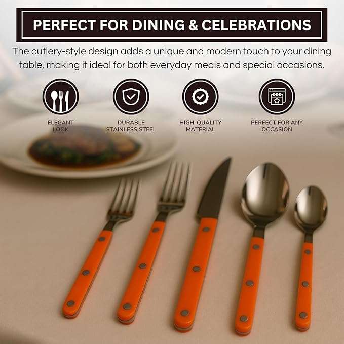 Khen 20-Piece Cutlery Set with Dinner Knives, Forks, Spoons, Salad Forks & Teaspoons – Durable and Dishwasher Safe Utensil Set for Home, Kitchen, Parties & Special Occasions – Orange Handle