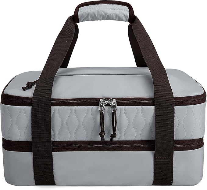 Trunab Insulated Casserole Carrier for Hot or Cold Food, Double Thermal Food Containers, Fit 9x13 Inches Baking Dish Foil Pans, For Picnic Cookouts, Potluck Parties, Beach,Beige (Grey)