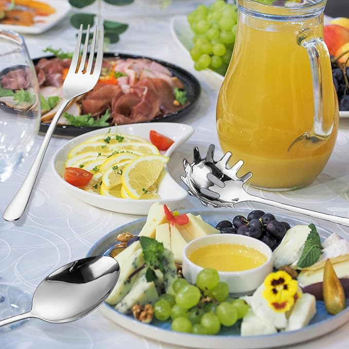 Serving Utensil Set 11-Piece Stainless Steel Modern Flatware Server All Metal Kitchen Cooking Tools Solid Spoon Slotted Ladle Skimmer Pasta Server Cake Knife Cutter Spatula Turner