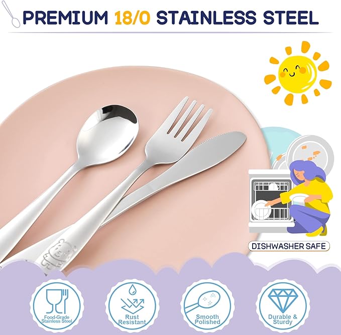 VITEVER 10-Piece Toddler Utensils, Kids Stainless Steel Silverware Set, Children Safe Forks and Spoons - Mirror Polished, Dishwasher Safe