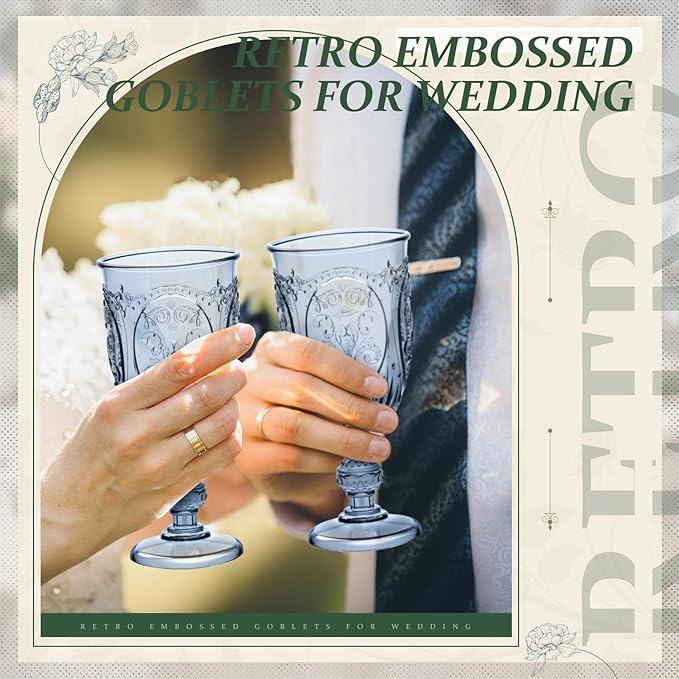 24 Pcs Plastic Goblets 7.5oz Vintage Goblet Plastic Wine Glasses Colored Retro Embossed Water Goblets for Wine Bar Juice Baby Shower Wedding Reception Grand Event Party (Blue)