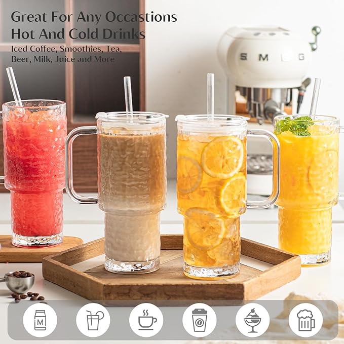 INSETLAN 26oz Water Ripple Glass Tumbler with Handle and Lid, Set of 2 – Reusable Iced Coffee Cups with Lids, Clear Glass Cups with Straw for Coffee, Smoothies, Tea, Juice – Perfect for any Occasion