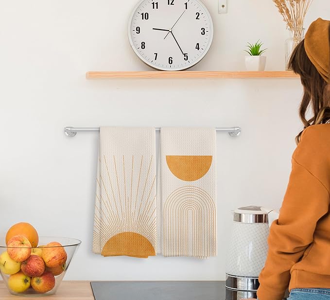 Beige Orange Abstract Sunrise Kitchen Towels and Dishcloths Set of 2, Bohemian Sun Decorative Towels, Orange Moon Drying Cloth Hand Towels for Bohemian Bathroom Kitchen Decor, 16×24 Inches