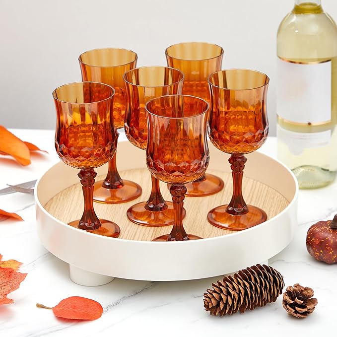 Pinkunn 6 Pcs 7 oz Plastic Vintage Wine Glasses Reusable Colored Goblets Patterned Drinking Water Glasses Cup Dishwasher Safe for Christmas Wedding Reception Party Supplies (Amber)