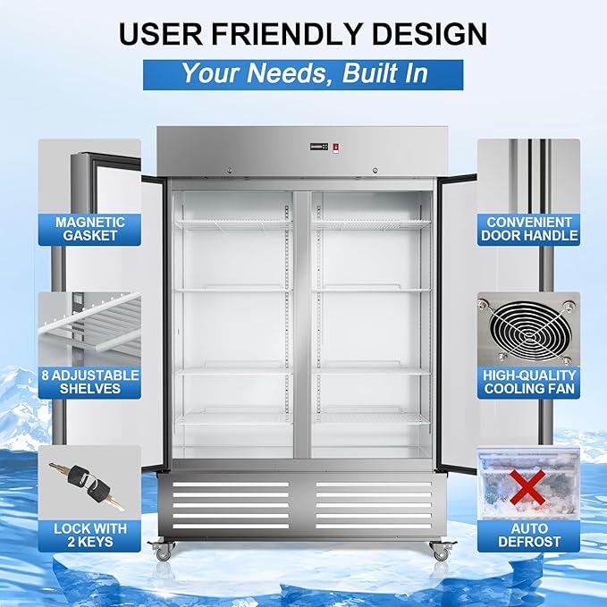 Commercial Freezer 2 Door Upright Freezers with 8 Adjustable Shelves, 54"W Stainless Steel Reach-in, Temp Control -10℉ ~ 10℉, 49 Cu.ft for Restaurant Kitchen Bar Garage, ETL and DOE Approved