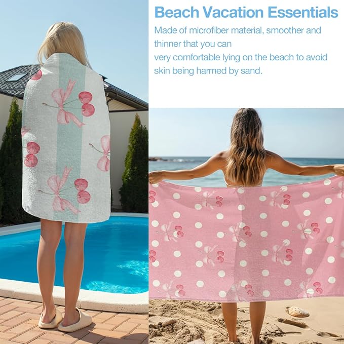 4 Pack Towels for Bathroom, Beach Towel, Microfiber Lightweight Beach Towels Oversized, Towel Accessories for Women Sister Thanksgiving Birthday Christmas Favors 32x71 IN, Cute Cherry Bow Lover Gift