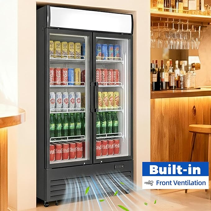 26 cu.ft Commercial Refrigerators with 2 Glass Door, Beverage Fridge with LED Light Display Upright Merchandiser, Drink Cooler with 8 Adjustable Shelves Black ETL Approved