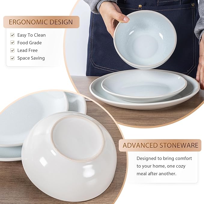 Plates and Bowls Sets for 6 - CJDC-QUELO 18-Piece Stoneware Dinnerware Sets, Ceramic Dishware Set for Kitchen Use and Formal Dining, Chip and Scratch Resistant Microwave Dishwasher Safe, Off White