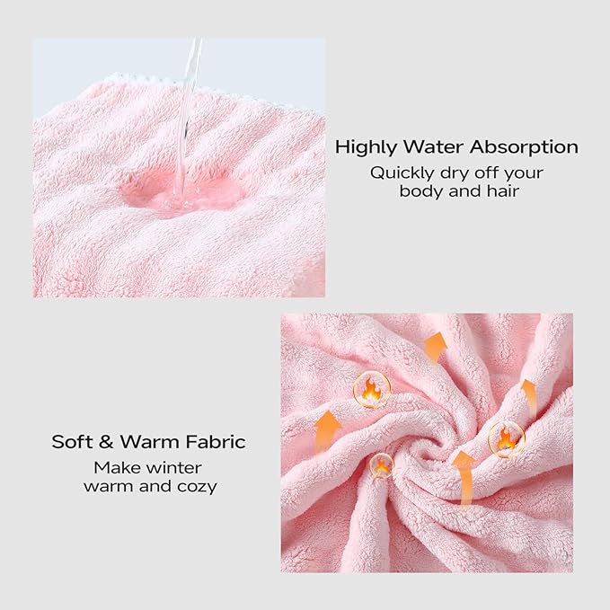 REDKISS Pink Towel Wrap for Women, XL Spa Shower Wrap with Hair Towel, Super Absorbent Bath Towels Robe for Body, Adjustable Microfiber Plush Bathrobe for Girls, Warmth Velcro Plus Size Wraps Towels