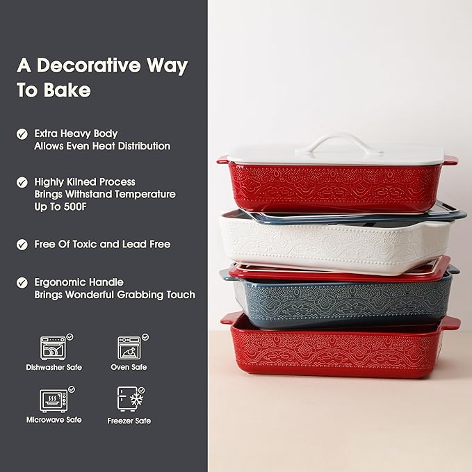 Casserole Dish with Lid, Ceramic 9x13 Casserole Dish for Oven, Rectangular Bakeware, Large Baking Dish with Handles for Holiday Cooking, Roasting, Baking, Oven & Microwave Safe (Red)