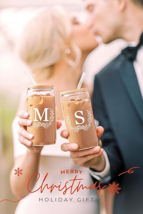 Personalized Gifts for Women, Monogrammed 16oz Glass Cups with Bamboo Lids and Straws, Customized Glass Tumbler, Cute Custom Mug, Customizable Initial Iced Coffee Glasses, Birthday Bridesmaid Mom, J