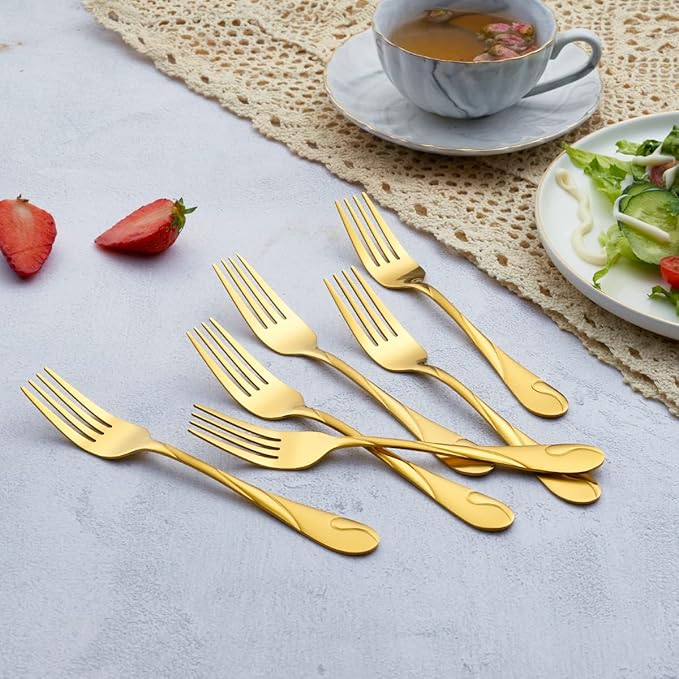 Gold Salad Fork Set, Seeshine 6.9-inch Stainless Steel Shiny Gold Metal Dessert Fork, Set of 6
