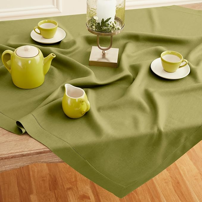 Solino Home Avocado Green Linen Tablecloth 52 x 52 Inch - 100% Pure Linen Square Table Throw - Classic Hemstitch, Machine Washable Table Cloth