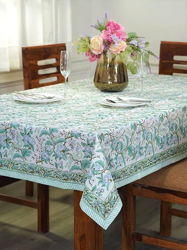 Ridhi Sage and Russian Green Hand Block Print Cotton Rectangle Tablecloth 190" x 72" inches Reusable Table Cover Decorative Everyday Use for Dining, Farmhouse, Home, Party, Festive, Wedding, Fall
