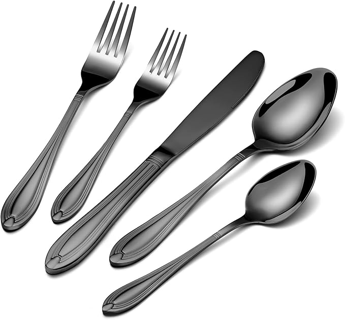 TIVOLI Silverware Set for 6, 30 Piece Heavy Duty Stainless Steel Flatware Utensils Cutlery Set Including Steak Knife Fork and Spoon, Dishwasher Safe, Gift Package for Wedding Housewarming (Black)