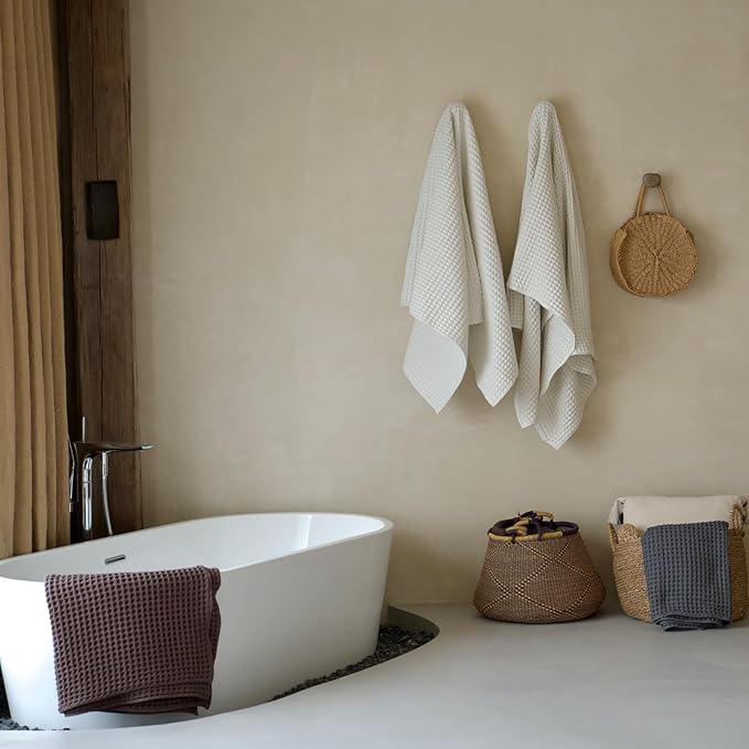 Luxury Organic Japanese Cotton Waffle Bath Towel | Thick, Absorbent, Quick Dry Bathroom Towels for Shower, Sauna, Onsen| Hotel & Spa Quality, Gift-Ready (Shell White, Bath Sheet, 67" x 34")