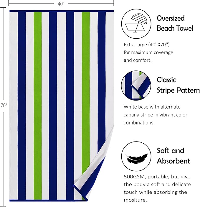 Large Beach Towel Oversized - 40"X70" Big Cute Pool Towel, Extra Large Thick Grassgreen Beach Towels, XL Wide Fluffy Beach Towel Oversize, Giant Stripe Cotton Pool Towel for Adults