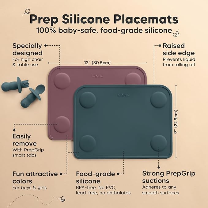 KeaBabies 2-Pack Silicone Placemats for Toddlers - 12x9 Non Slip Suction Baby Silicone Placemat for Kids Eating, Easy to Clean, Busy Travel Baby Mat for Dining Table, Food Grade/BPA-Free (Rocky)