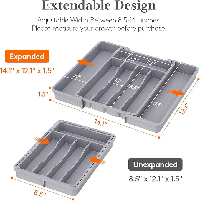 Lifewit Silverware Drawer Organizer, Expandable Utensil Tray for Kitchen, BPA Free Flatware and Cutlery Holder, Adjustable Plastic Storage for Spoons Forks Knives, 8.5"-14.1" x 12.1", Gray