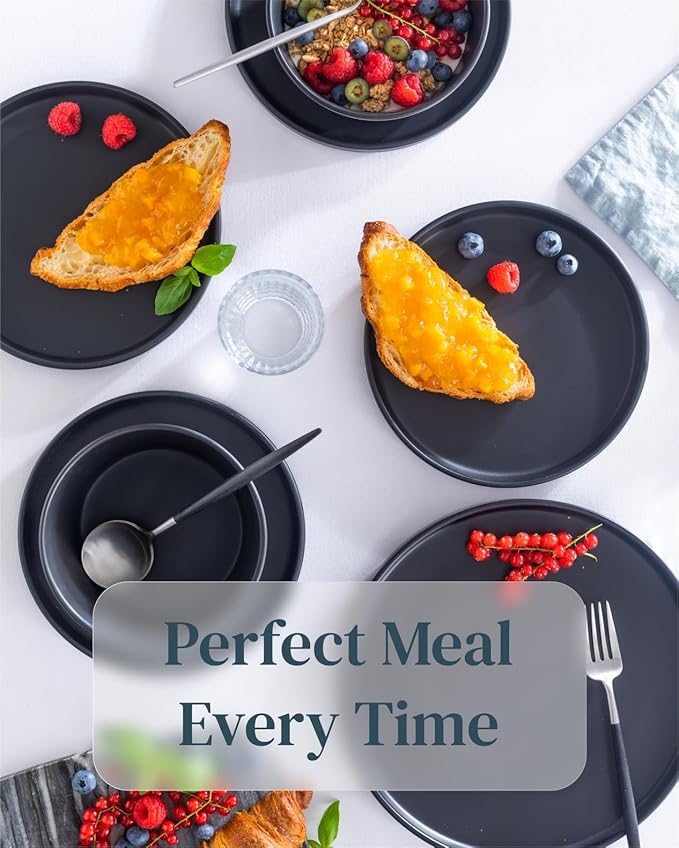 Stoneware dinnerware set 4 persons 12 pcs – Matte black plates and bowls set – Dishwasher, microwave and scratch resistant – Bowl and plate set – Dinner service Pure Living