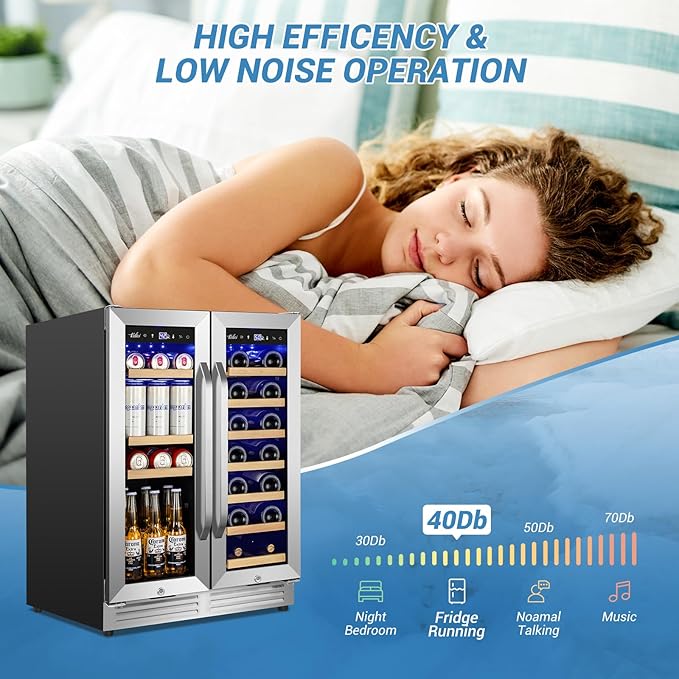 Wine and Beverage Refrigerator Under Counter, 24 Inch Beverage Fridge Dual Zone with Glass Door, Built In Beverage Cooler with Increase Capacity Space, Advanced Cooling System