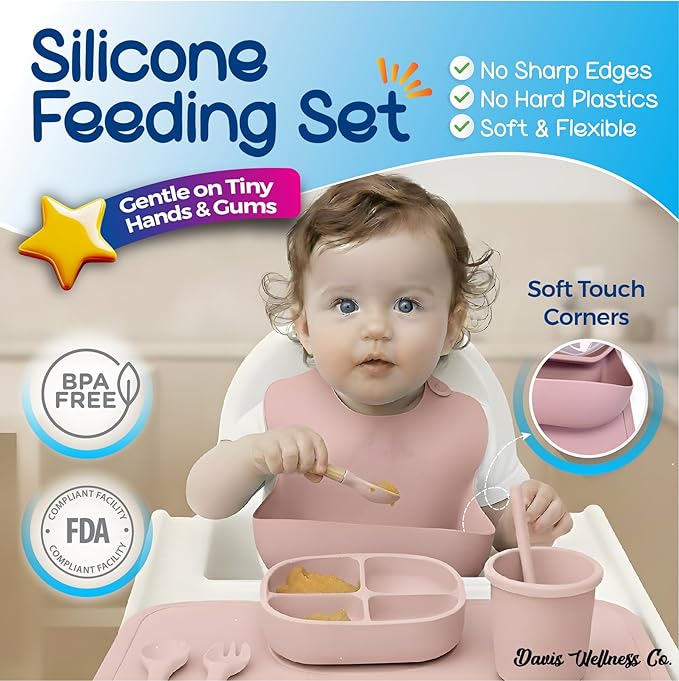 No-Mess Baby Feeding Set — Strong Suction Bowls + Soft Spoons (8-Piece) (Pink)