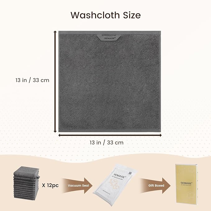SEMAXE 100% Cotton Washcloths 12-Pack, 13 × 13 Inch Soft Luxury Face Towels – Super Absorbent & Quick-Dry, Premium Cloth with Hanging Loop, Oeko-TEX Certified, Gift-Ready Box