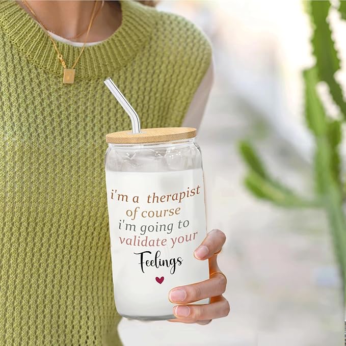 Therapist Gifts Glass Cup with Lids and Straws 14oz, Mental Health Therapist Gifts for Women Female, Mental Health Glass Iced Coffee Tumbler Drinking Jars with Cleaning Brush