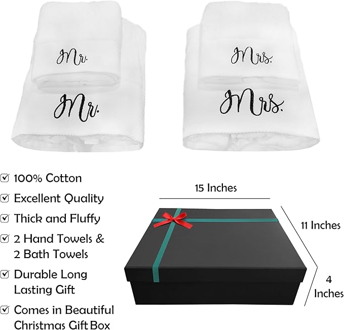 RUBBER BOND Mr and Mrs Towels Set with Gift Box - 4 Pack Bath and Hand Towels for Couples - Hotel, Spa & Bathroom Cotton Towels - Gift for Couples, Men, Women (Black Embroidery Christmas Packaging)