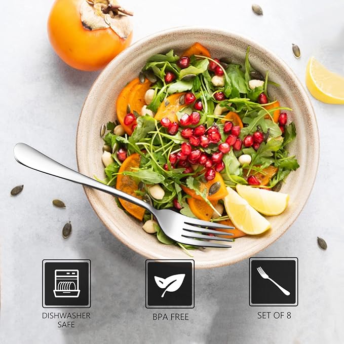 SANTUO Dessert Forks Set - 8-piece Stainless Steel Salad Forks Cream Fork Flatware Set Reusable for Household Use or Camping - Silver 6.7 Inches