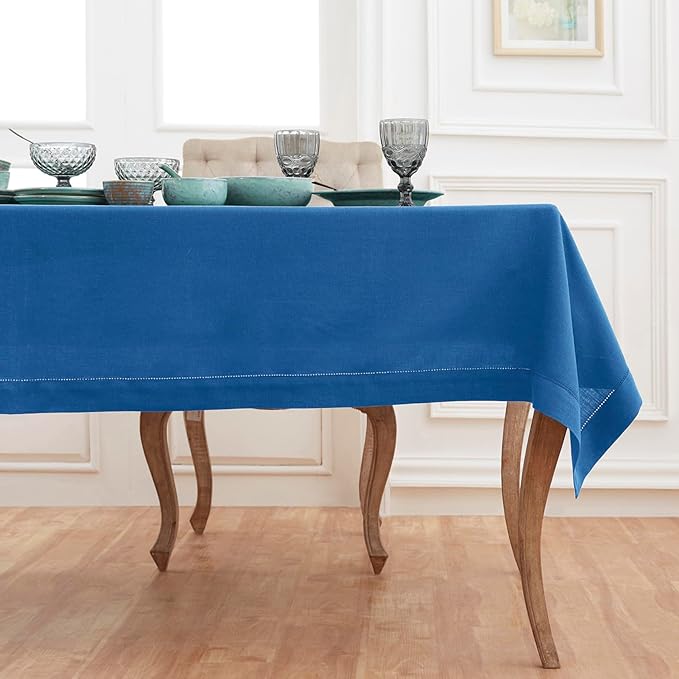 Solino Home Linen Indigo Blue Tablecloth 60 x 90 Inch - Classic Hemstitch, 100% Pure Linen Rectangular Tablecloth - Machine Washable Table Cloth for Winter